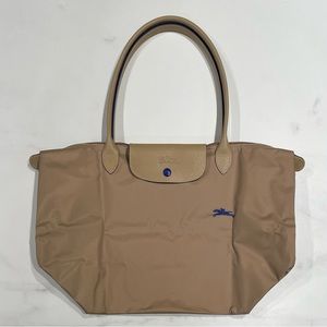 NWOT Longchamp Le Pliage Nylon Tote M Beige/Taupe Blue Accent
